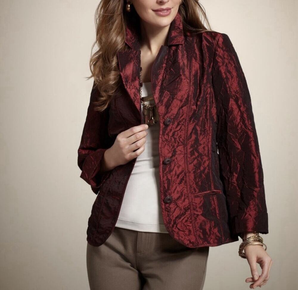 Chico's Crinkle Solid Shiny Red Lightweight Blazer Jacket Size 3 US XL Party